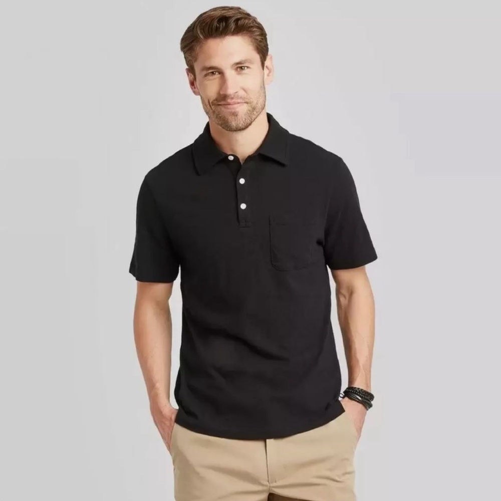 Goodfellow & Co - Men’s Black Standard Fit Short Sleeve Slub Jersey Polo Shirt